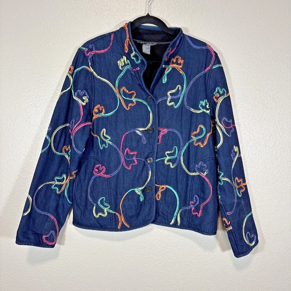 Koret Women’s Denim Jacket Fleece Lined Colorful Embroidered Stitched Size PL